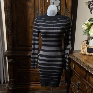 Say What? Black and Gray Striped Long Sleeve sweater dress (extra stretchy)